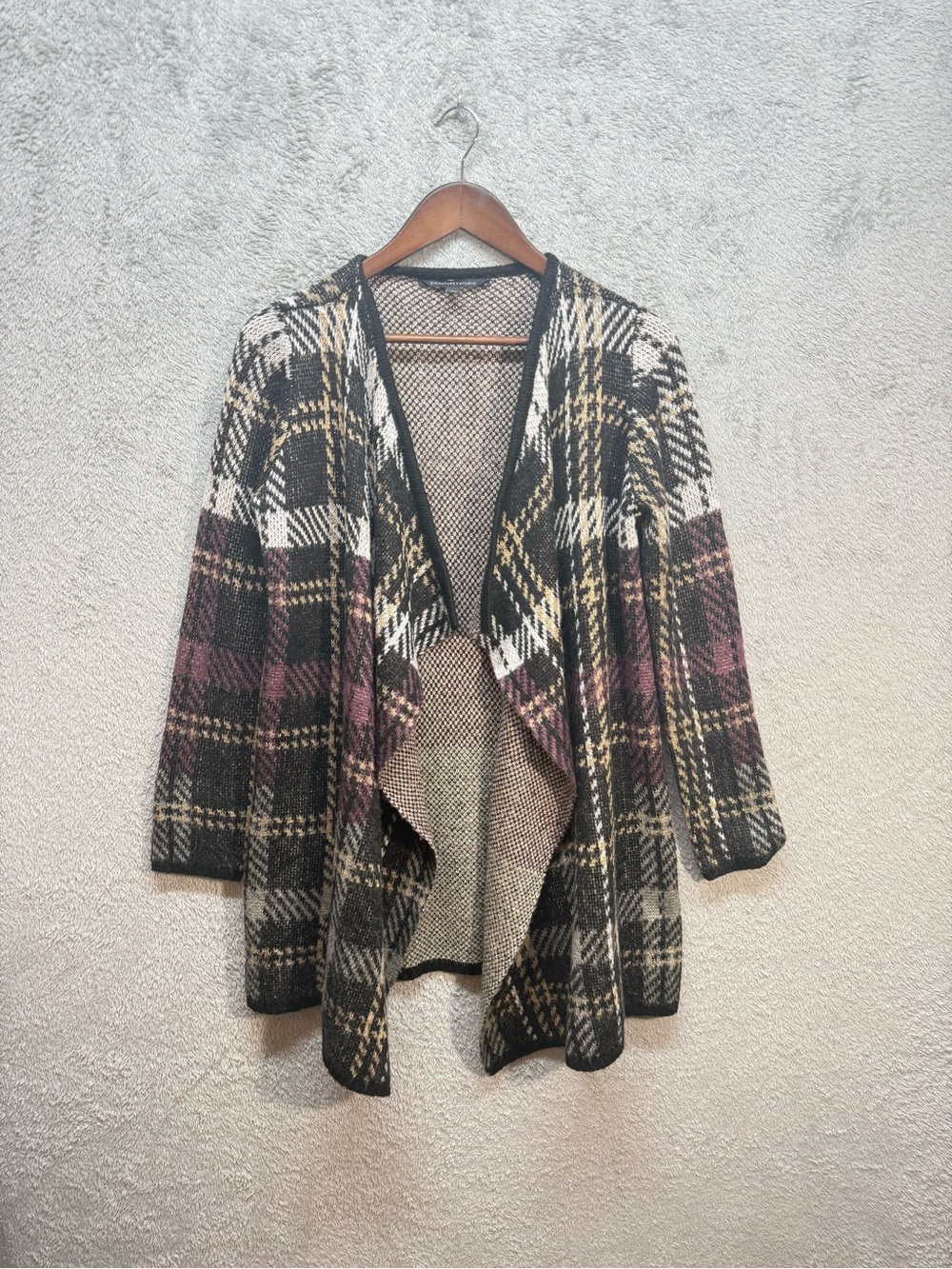 Plaid Open-Front Cardigan Sweater - Black, Cream & Brown